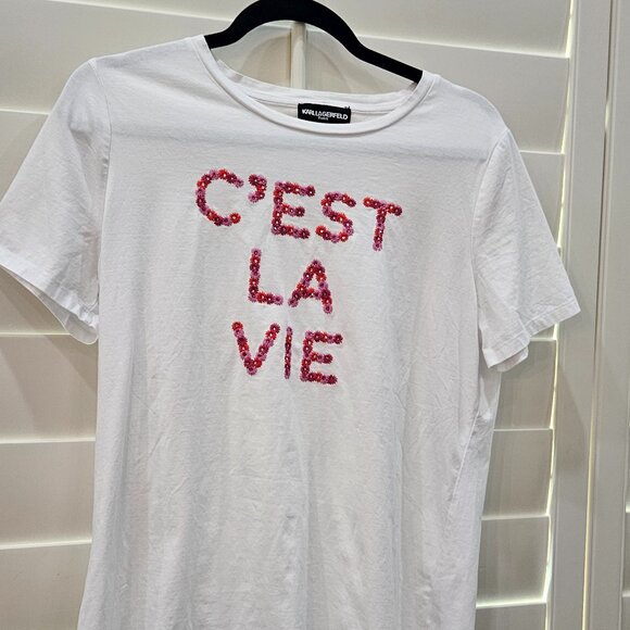 Karl Lagerfeld "C'est La Vie" Paris Rhinestone Graphic White Shirt Size (M) - Picture 1 of 14